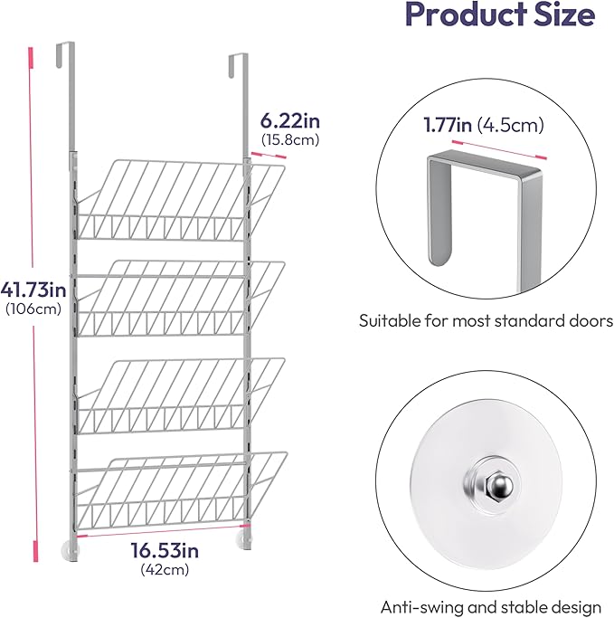 SWTYMIKI Over the Door Shoe Organizer - Adjustable 4 Tier Hanging Shoe Rack Organizer, Metal Heavy Duty Behind Door Storage or Wall Mount Shoes Shelf for Flats, Heels, Sneakers, Boots Sliver