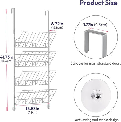 SWTYMIKI Over the Door Shoe Organizer - Adjustable 4 Tier Hanging Shoe Rack Organizer, Metal Heavy Duty Behind Door Storage or Wall Mount Shoes Shelf for Flats, Heels, Sneakers, Boots Sliver