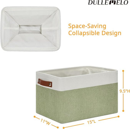 DULLEMELO Fabric Storage Bin for Laundry, Home, Foldable Storage Basket for Shelves, Toys, Collapsible Storage Basket Bin for Office, Closet,Bedroom(White&Green)