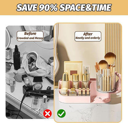 DASITON Large Capacity Makeup Organizer with 360° Rotating Makeup Brush Holder, Perfume and Skincare Storage Organizers for Vanity Bathroom Countertop, Cosmetic Display Case (Pink, 1 Tier)