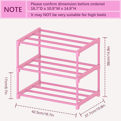 HITHIM 3-Tier Pink Shoe Racks for Women/Girls/Kids' Closet, Small Shoe Storage for 5-7 Pairs, Lightweight Stackable Shoe Shelf Organizer for Entryway, Front Door Entrance, Bedroom