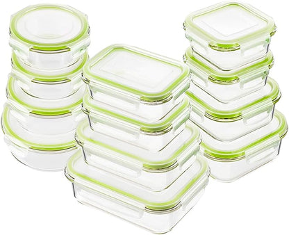 Bayco Glass Food Storage Containers with Lids, [24 Piece] Glass Meal Prep Containers, Airtight Bento Boxes, Leak Proof (12 lids & 12 Containers) - Green