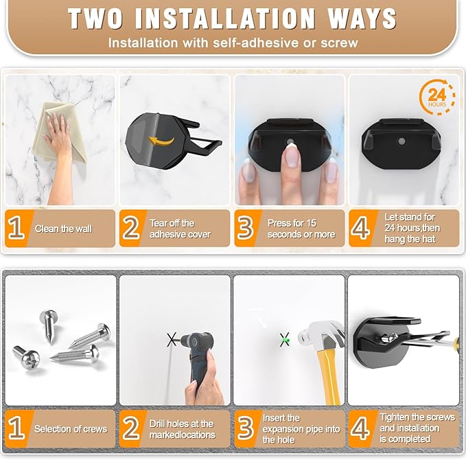 Niunuerga 36 Pack Adhesive Hat Hooks for Wall, Super Strong Hat Rack for Baseball Caps, Hat Organizer Display for Home Decor, Hat Hangers Holder for Wall, Door, Closet, No Drilling (Black)
