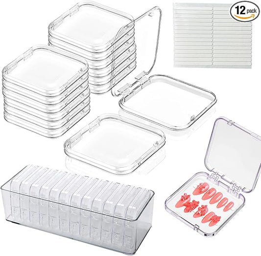12Pcs Press on Nail Packaging Boxes, False Nail Container Organizer Clear Nail Display Case with 1 All-In-One Acrylic Storage Box and 30pcs Double-sided Adhesive Tape for Nail Art Salon Home Use