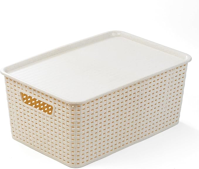 BINO | Plastic Storage Baskets with Lids, 15.5 Liter - 3 Pack, Natural | THE WOVEN COLLECTION | Storage Basket for Shelves | Woven Storage Baskets for Organizing Bins | Pantry Shelf Organizer Bin