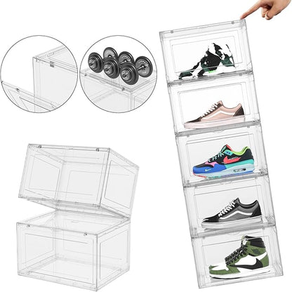 12 Packs Large Acrylic Clear Shoe Boxes with Magnetic Door, Strong Stackable Shoe Organizers, Sneaker Containers, Boot Display Case Up to US Size 15