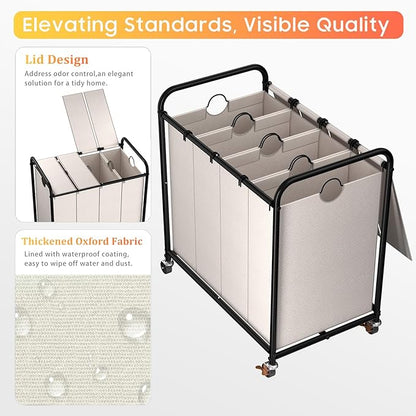 Laundry Sorter 4 Sections 48 Gal, Rolling Laundry Basket with Lockable Wheels and Lid, Laundry Hamper with 4 Separated Removable Bags Dirty Clothes Hamper for Laundry Room Organizer, White