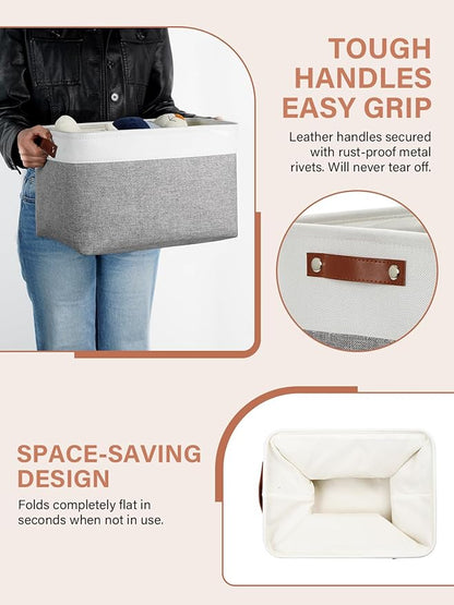DULLEMELO Fabric Baskets for Storage, Office, Home,Nursery,Organizing Baskets for Shelves, Bedroom, Toys,Gift,Fabric Storage Basket with Handles(White&Grey,15"x11"x9.5",4-Pack)