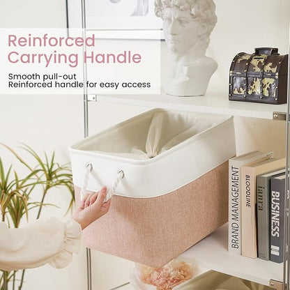 Large Storage Baskets- 16x12x12 inch Storage Bins for Shelves and Closet Organizing, Foldable Fabric Bin for Home Organization Clothes and Laundry (3-Pack, White&Pink)