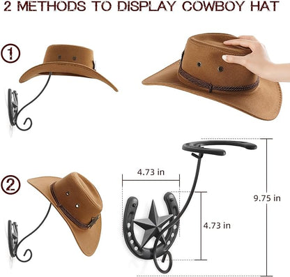 Cowboy Hat Holder for Wall 2 Pack Metal Iron Cowboy Hat Rack Western Hat Hanger Horseshoe Hooks Storage Cowboy Hat Organizer Display Closet Living Room Western Gifts Wall Decor Black