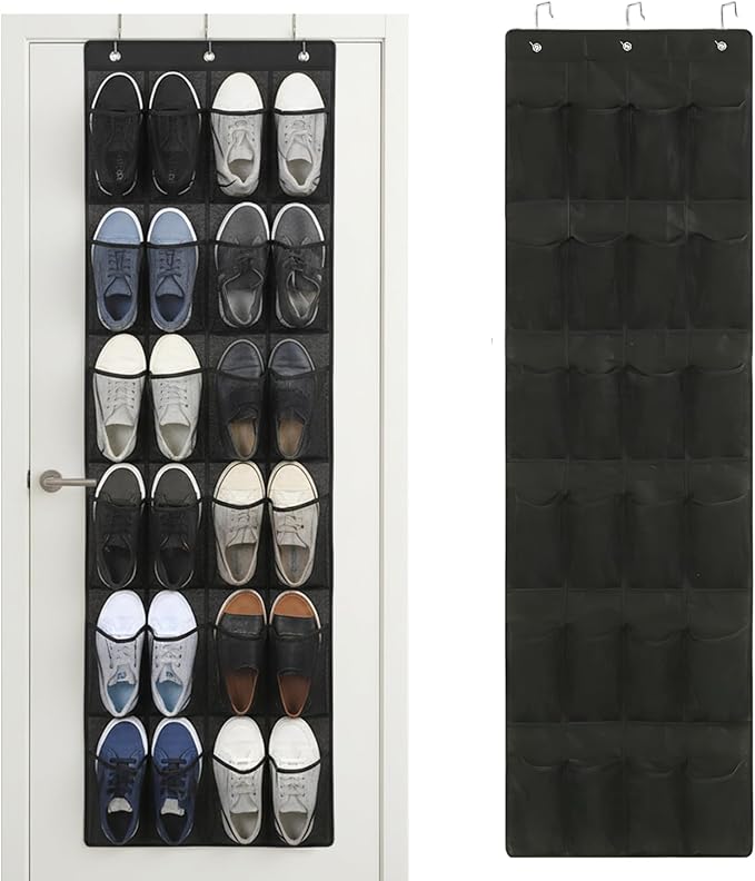 Shoe Organizer Door Hanger 24 Mesh Pocket over the Door Shoe Organizer Space Saving Hanging Storage Holder with Hooks 64x19 Inch Black