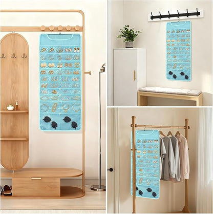 FOREGOER Hanging Jewelry Organizer with 88 Zippered Pockets, Dustproof Foldable for Travel, Accessories Organizer for Holding Jewelries Earring Organizers and Storage (Blue)