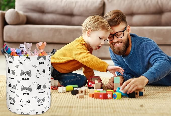 Large Storage Baskets,Waterproof Laundry Baskets,Collapsible Canvas Basket for Storage Bin for Kids Room,Toy Organizer,Home Decor,Baby Hamper(Bowknot Cat)
