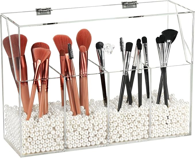 Vevitts Acrylic Makeup Organizer, Clear Cosmetic Brush Storage Box With 4 Brush Holders (Pearl not included),Makeup Brush Holder with Dust Cover, Large-capacity Split Design Organize the Desktop