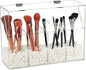 Vevitts Acrylic Makeup Organizer, Clear Cosmetic Brush Storage Box With 4 Brush Holders (Pearl not included),Makeup Brush Holder with Dust Cover, Large-capacity Split Design Organize the Desktop