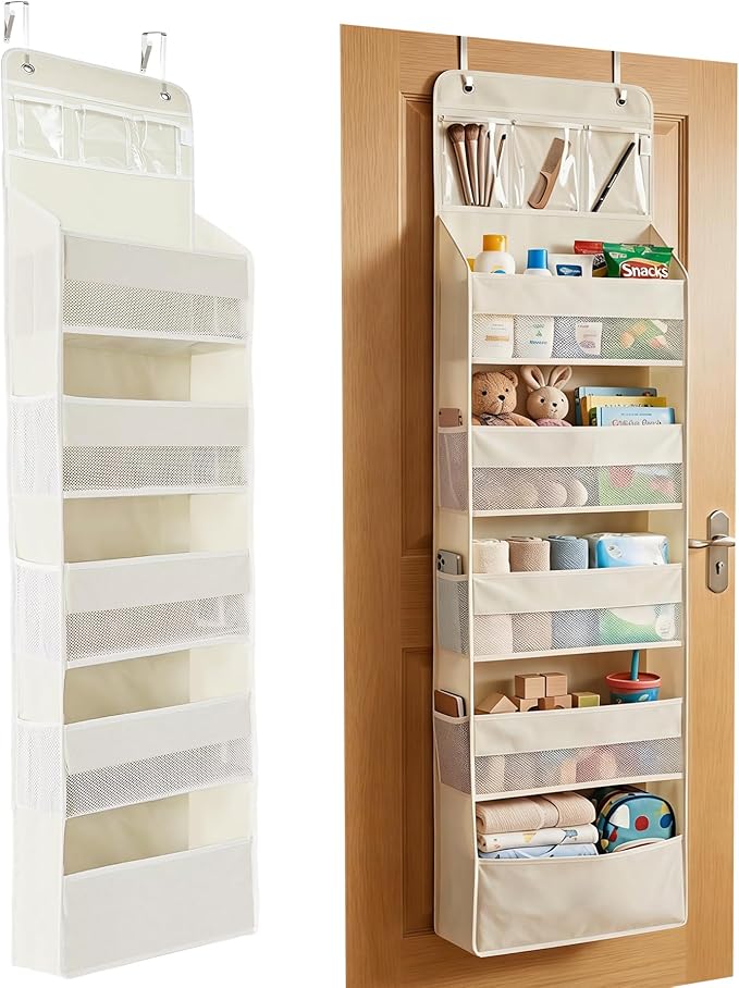 Over the Door Organizer, Door Storage Organizer with Large Capacity Pockets, Hanging Shelves for Bedroom, Closet, Dorm, Pantry (Beige, 6-Tier)