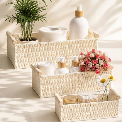 Boao 3 Pcs Boho Storage Wicker Baskets Handmade Woven Decorative Paper Rope Baskets for Organizing with Handle Countertop Toilet Paper Storage Container for Toilet Tank Top (Beige,Rectangle)