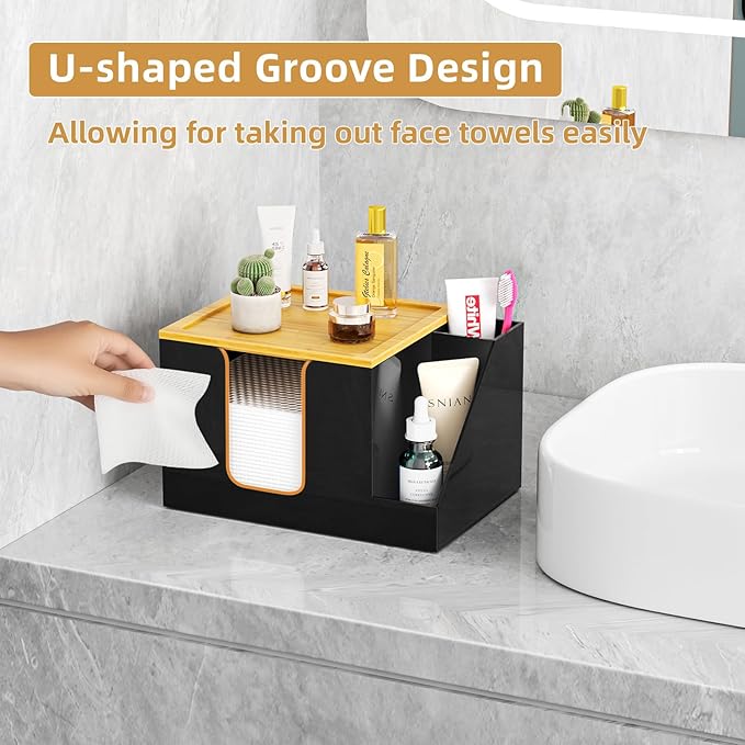 VITVITI Disposable Face Towel Holder Box, Acrylic Clean Skin Club Facial Towel Container with Toothbrush Holders, Large Disposable Face Towels Storage for Bathroom Vanity Makeup, Black