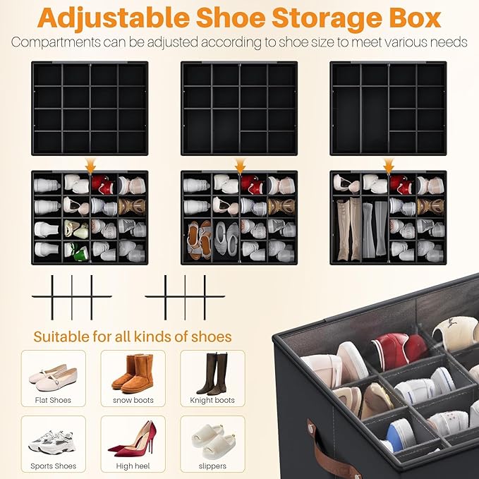 MIFXIN Shoes Organizer for Closet Fit 16 Pairs Large Shoe Box Storage Container Shoe Storage Bin with Clear Cover & Reinforced Handles, Space Saving Shoes Container (Black)