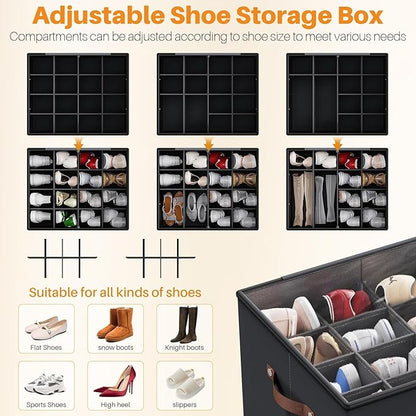 MIFXIN Shoes Organizer for Closet Fit 16 Pairs Large Shoe Box Storage Container Shoe Storage Bin with Clear Cover & Reinforced Handles, Space Saving Shoes Container (Black)