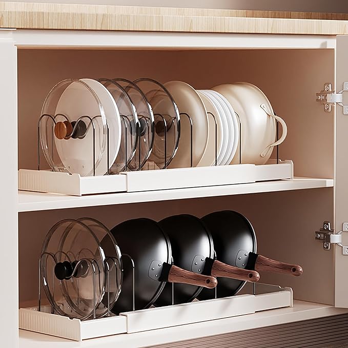 Pots and Pans Organizer Under Cabinet Expandable Pot Lid Holder with 10 Adjustable Dividers Pot Rack for Kitchen Storage Cutting Boards, Bakeware, Lid, White
