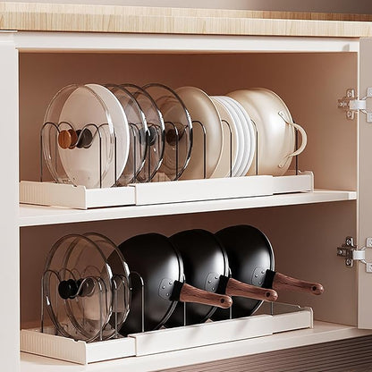 Pots and Pans Organizer Under Cabinet Expandable Pot Lid Holder with 10 Adjustable Dividers Pot Rack for Kitchen Storage Cutting Boards, Bakeware, Lid, White