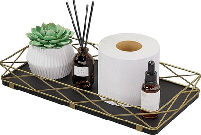 Lixple Toilet Paper Basket Holder, 13" Toilet Tank Tray, Wood and Metal Toilet Tray Vanity Organizer Bathroom Tray, Kitchen Sink Organizer for Soap Dispenser (Black + Gold)