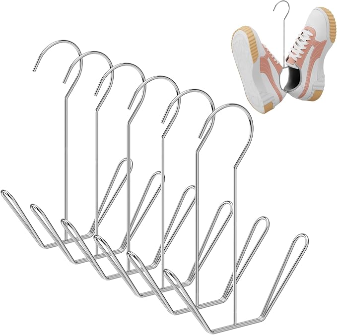 6 Pcs Shoes Hanger Drying Rack Stainless Steel Shoes Display Hook Space Saving Shoes Holder Organizer Closet Drying Shelf for Hanging Boots Slippers Sneakers