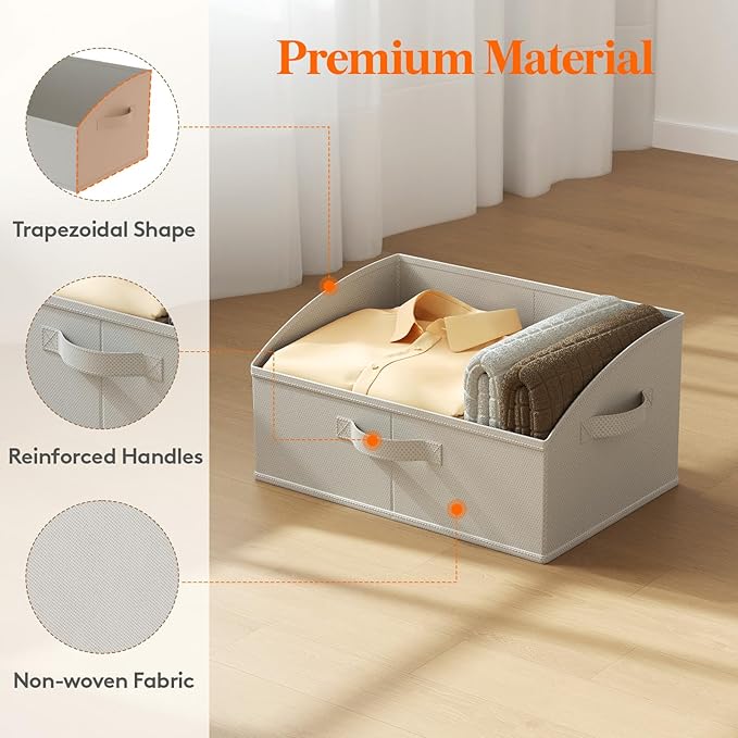 Lifewit Trapezoid Closet Storage Bins for Shelf, 6 Packs Non-woven Closet Organizer Baskets with Handles, Foldable Clothes Containers Boxes for Clothing, Book, Purse, 19L, Large, Light Gray
