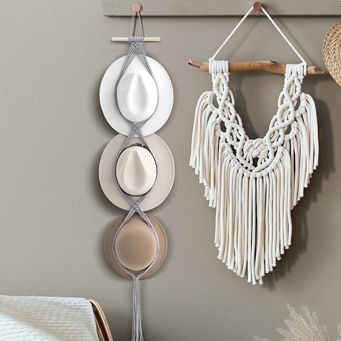 Yulejo Macrame Hat Hangers Boho Hat Rack Cowboy Hat Hanger Back of Door Hat Organizer (Gray,Three Hats Style)