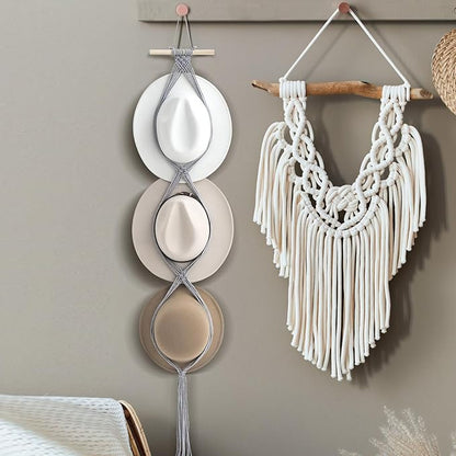 Yulejo Macrame Hat Hangers Boho Hat Rack Cowboy Hat Hanger Back of Door Hat Organizer (Gray,Three Hats Style)