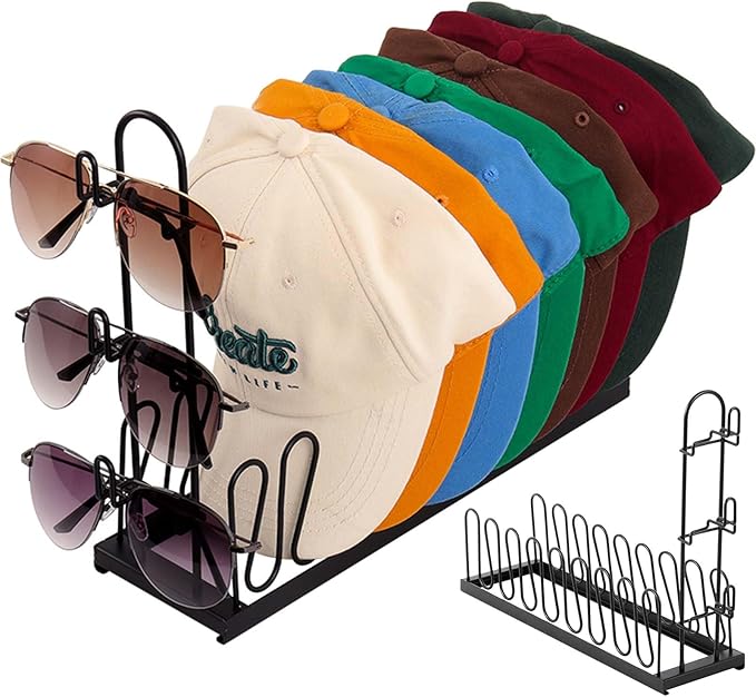 2-In-1 Glasses Hat Organizer for Baseball Caps, Carbon steel Hat Organizer with 3 Eyeglasses, Hat Rack Holds 8 Caps,Space-Saving for Bedroom, Closet, Dresser (Black)