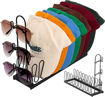 2-In-1 Glasses Hat Organizer for Baseball Caps, Carbon steel Hat Organizer with 3 Eyeglasses, Hat Rack Holds 8 Caps,Space-Saving for Bedroom, Closet, Dresser (Black)