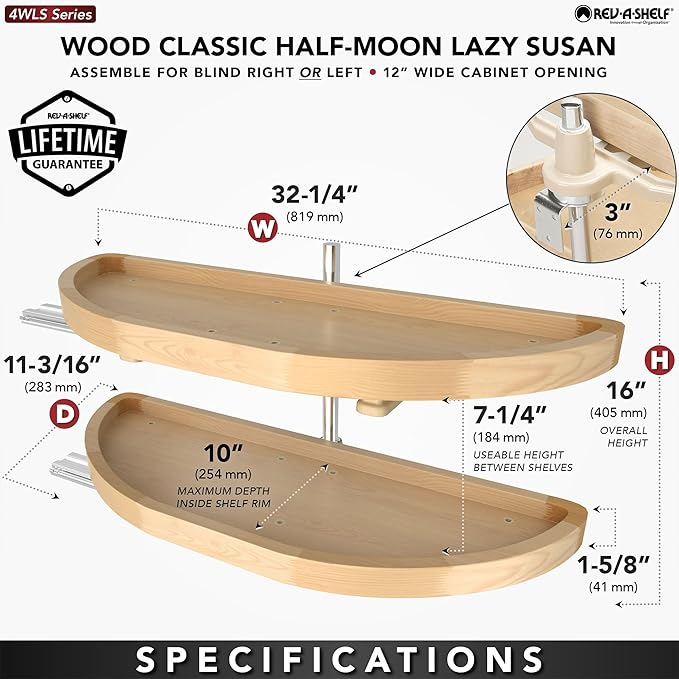 Rev-A-Shelf 32" Dual Shelf Half Moon Lazy Susan Organizer for Diagonal Blind Corner Kitchen Cabinets, Pullout Turntable Trays, Wood, 4WLS882-32-570