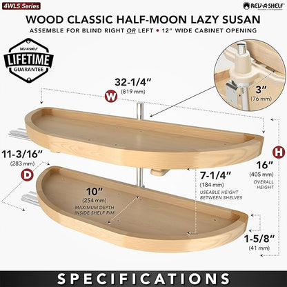 Rev-A-Shelf 32" Dual Shelf Half Moon Lazy Susan Organizer for Diagonal Blind Corner Kitchen Cabinets, Pullout Turntable Trays, Wood, 4WLS882-32-570