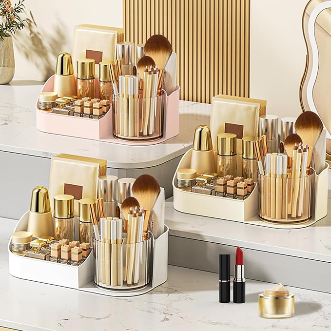 DASITON Large Capacity Makeup Organizer with 360° Rotating Makeup Brush Holder, Perfume and Skincare Storage Organizers for Vanity Bathroom Countertop, Cosmetic Display Case (White, 1 Tier)
