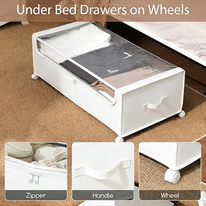 FOUCSSOMEI Under Bed Storage with Wheels, Rolling Under bed Storage with Metal Frame, Under Bed Shoe Storage for Space Saving, Zippered Clear Lid, Heavy-Duty Steel Base for Clothes, White