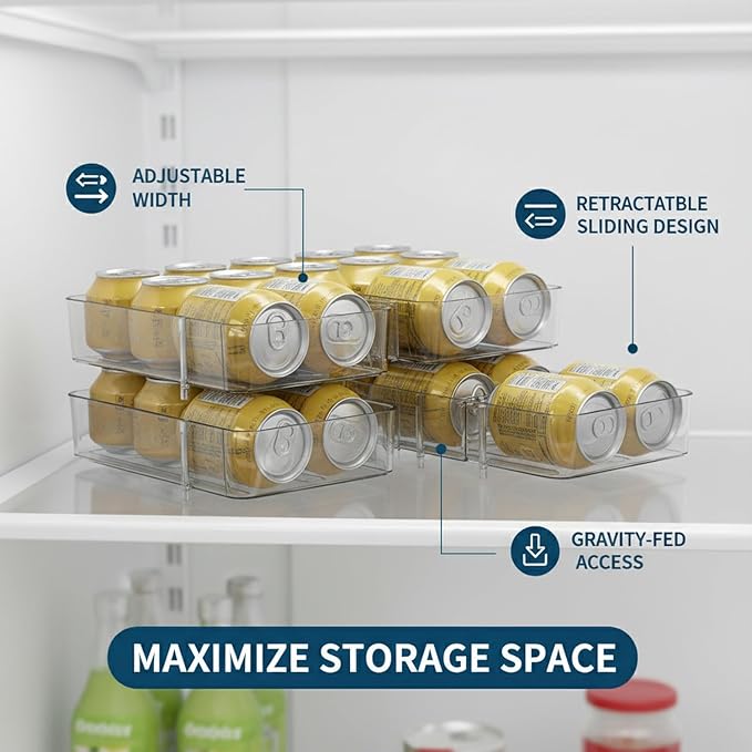Retractable Can Organizer, Adjustable Width Sliding Beverage Dispenser for Refrigerator and Pantry, Clear Plastic