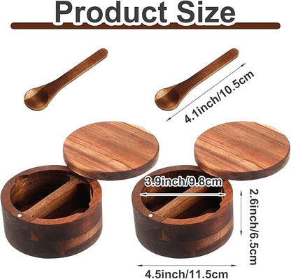 2pcs Acacia Wood Salt and Pepper Bowl 12 oz Salt Cellar with Swivel Lid & Spoon SaltContainer Holder Elegant Seasoning Bowl Container for Kitchen Storage Spice Favorite Seasonings