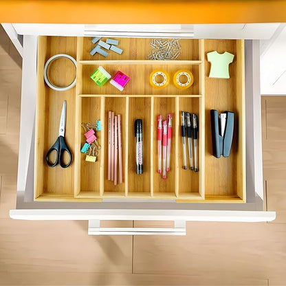 Expandable Drawer Organizer for Silverware Flatware Knives, Kitchen Utensil Organizer, Utensil Holder, Bamboo Wood Cutlery Tray in Drawer for Spoons Forks
