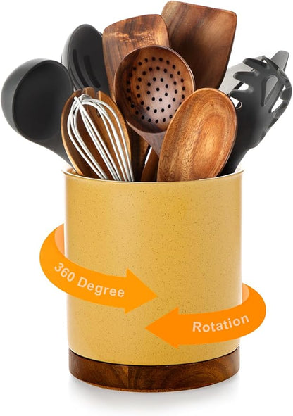 Nucookery 360°Rotating Utensil Holder, 7.2" Large Utensil Crock, White Ceramic Cooking Utensil Organizer,Farmhouse Kitchen Decor Christmas Thanksgiving Gift (Yellow Sand)