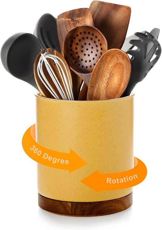 Nucookery 360°Rotating Utensil Holder, 7.2" Large Utensil Crock, White Ceramic Cooking Utensil Organizer,Farmhouse Kitchen Decor Christmas Thanksgiving Gift (Yellow Sand)