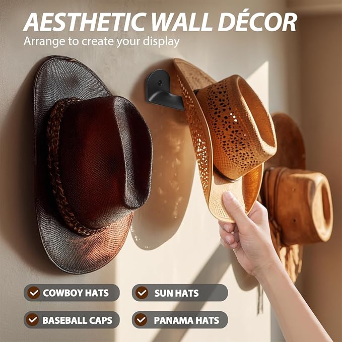 12 Pcs Cowboy Hat Rack for Wall, Hat Holder with Strong Adhesive Screws Bolts, Cowboy Hat Hook Hold up to 12 Hats, Hat Hanger for Baseball Caps Keys Accessories, Western Hat Hook Room Décor
