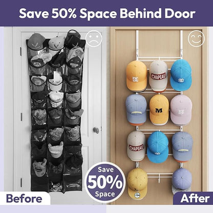 SWTYMIKI Over Door Hat Organizer - 4 Tier Metal Adjustable Wall Mounted Hat Rack with 12 Hooks Design, Hanging Baseball Cap Organizer Storage Holds up to 36 Caps for Door, Bedroom, Closet