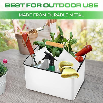 Plexon Metal Utensil Caddy With Handle - Farmhouse Rustic Kitchen Utensil Holder for Party Picnic Table Garden - Tool Cutlery Flatware Silverware Caddy Organizer Storage, White