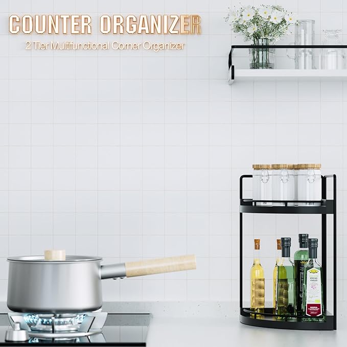 Corner Bathroom Counter Organizer, 2 Tier Wood Vanity Storage, Waterproof Skincare Shelf for Kitchen & Toiletries Decor, Dresser (Black-2 Tier)