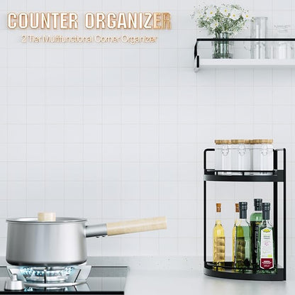 Corner Bathroom Counter Organizer, 2 Tier Wood Vanity Storage, Waterproof Skincare Shelf for Kitchen & Toiletries Decor, Dresser (Black-2 Tier)