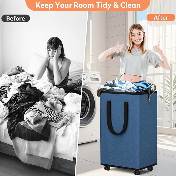 SpaceTrove Laundry Basket with Wheels, Collapsible Laundry Baskets, Laundry Hamper with Handles Detachable Wheels, Rolling Laundry Basket, Dirty Clothes Hamper for Bathroom, Dorm, Bedroom, Navy, 100L