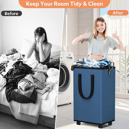 SpaceTrove Laundry Basket with Wheels, Collapsible Laundry Baskets, Laundry Hamper with Handles Detachable Wheels, Rolling Laundry Basket, Dirty Clothes Hamper for Bathroom, Dorm, Bedroom, Navy, 100L