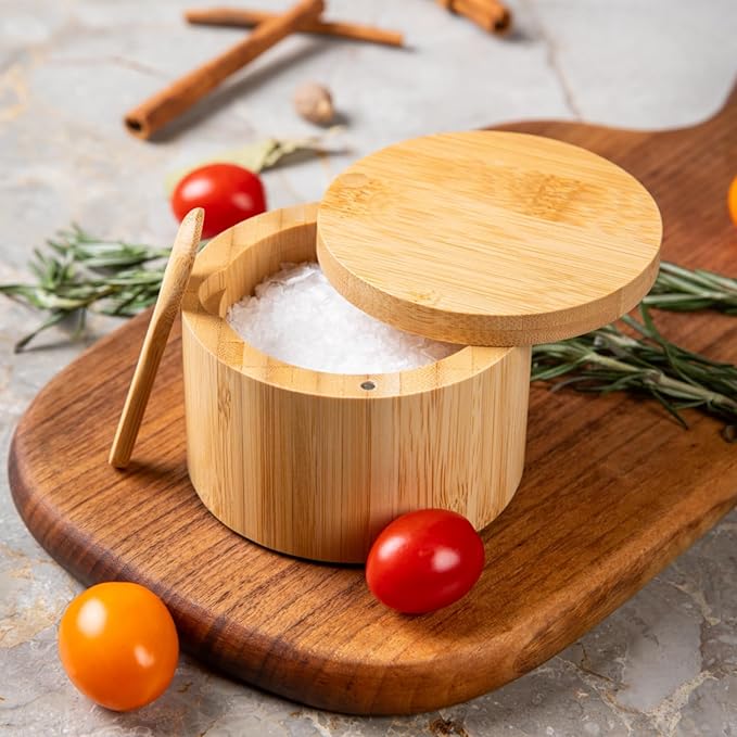Bamboo Salt Cellar Bowl Box with Swivel Magnetic Lid to Avoid Dust, Elegant Kitchen Salt Container Holder with to Storage Pepper Spice Bath & Sea Salts, 6OZ（Built-in Spoon）